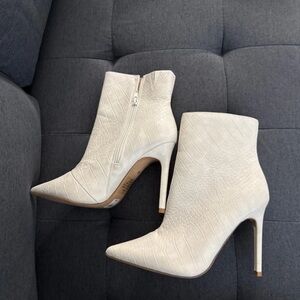 Express Cream Croc-Embossed Pointed Toe Stiletto Ankle Boots